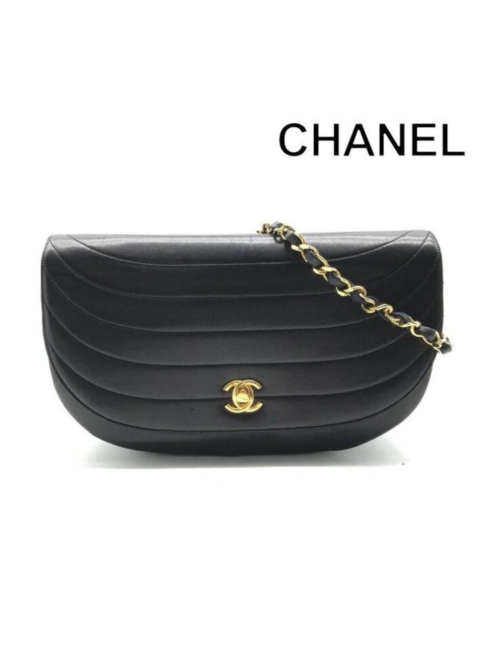 Chanel CC Logo Leather Half Moon Turnlock Chain Shoulder Bag Black